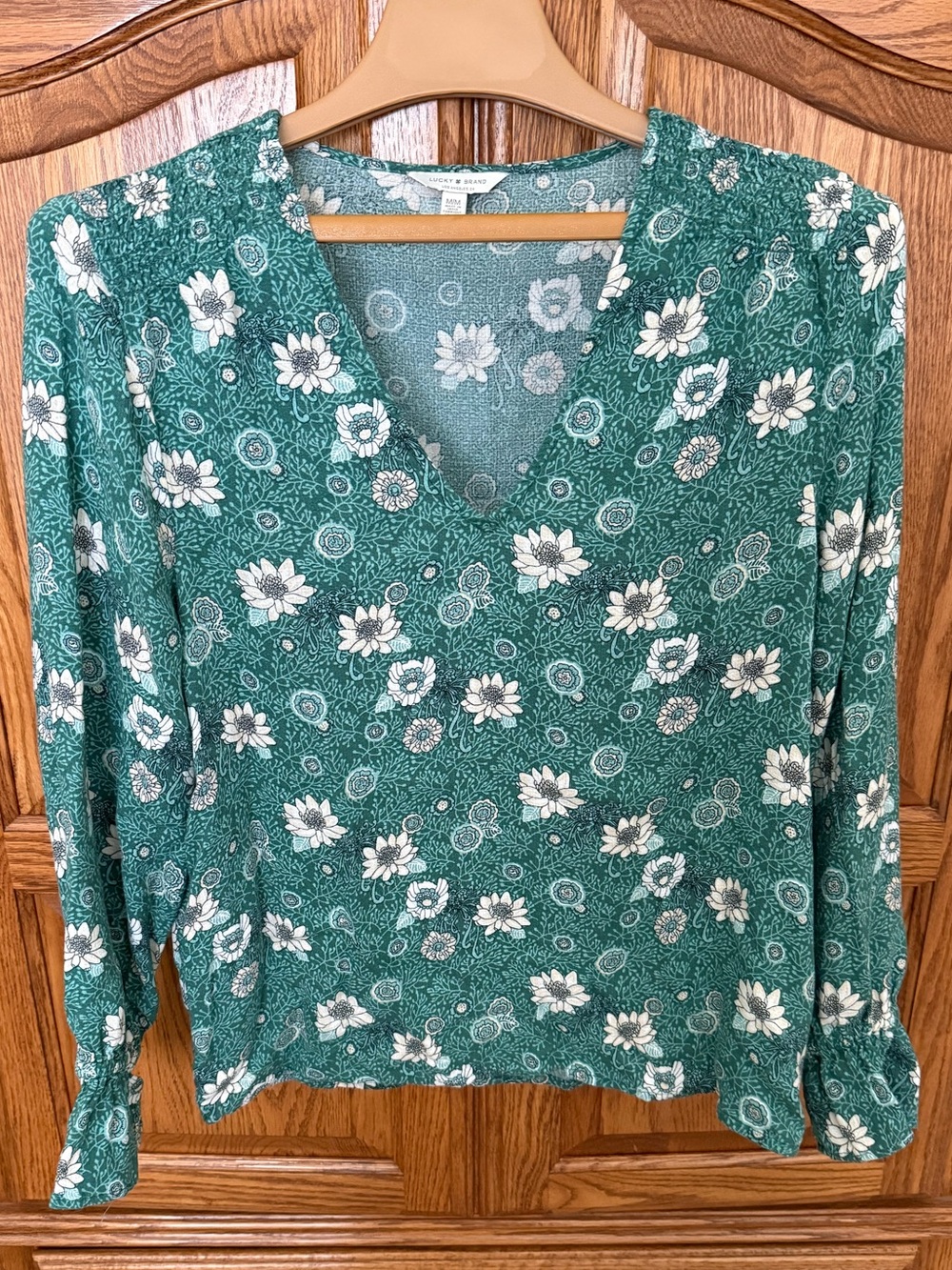 Lucky Brand Green Floral V-Neck Blouse